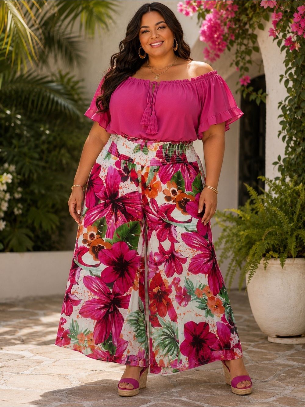 NWT JW Woman SZ 1X Pink multicolored floral wide leg pants/waist 36”-48”